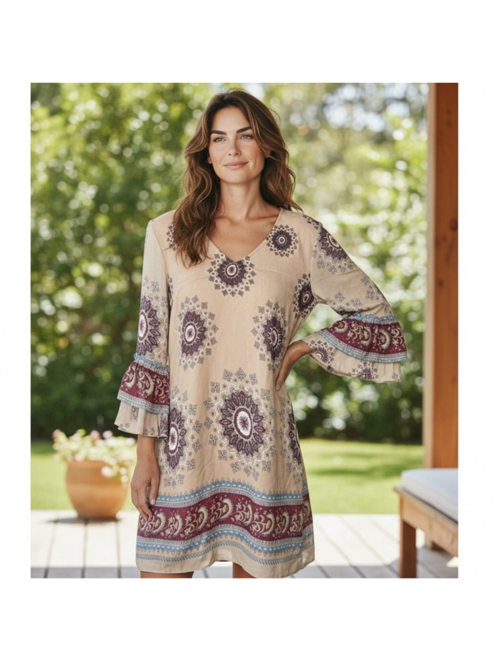 UMGEE NWT Boho Dress Tunic Tan Mandala Medallion Paisley Size Small